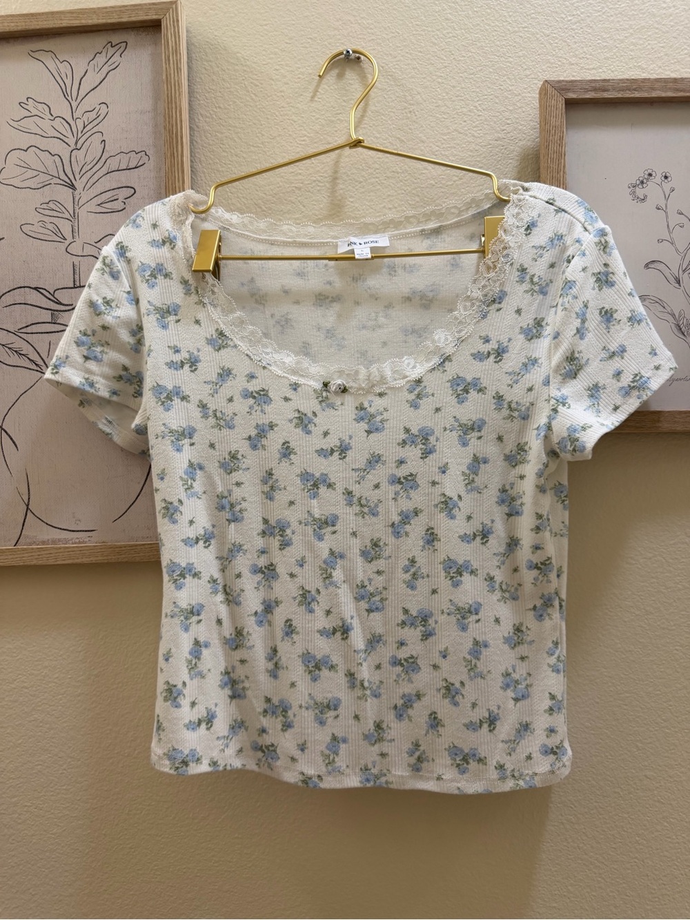 Pink Rose Cream Scoop Neck Top with Blue Floral Print